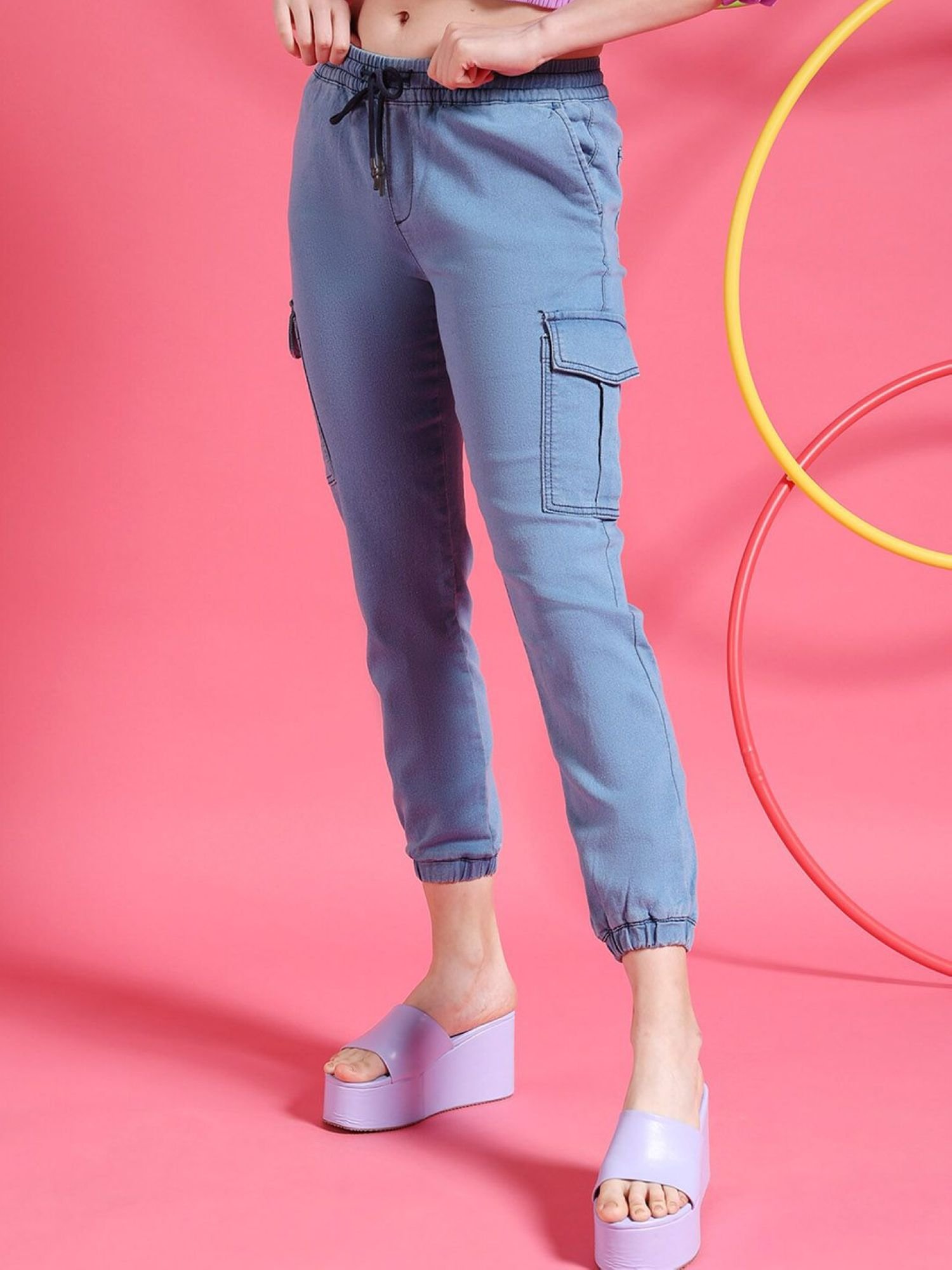 Blue Regular Fit Mid-Rise Denim Cargo Joggers
