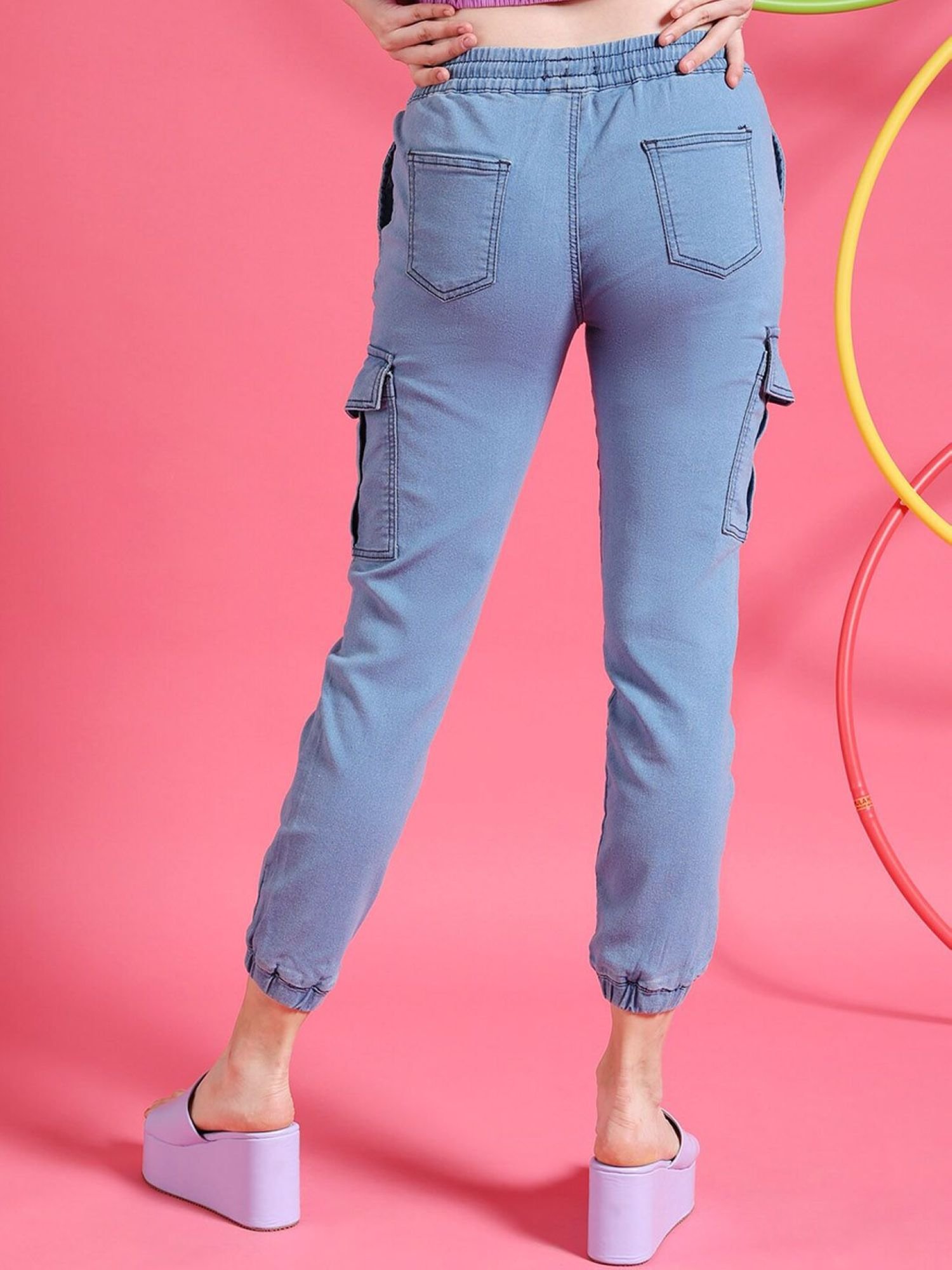 Blue Regular Fit Mid-Rise Denim Cargo Joggers
