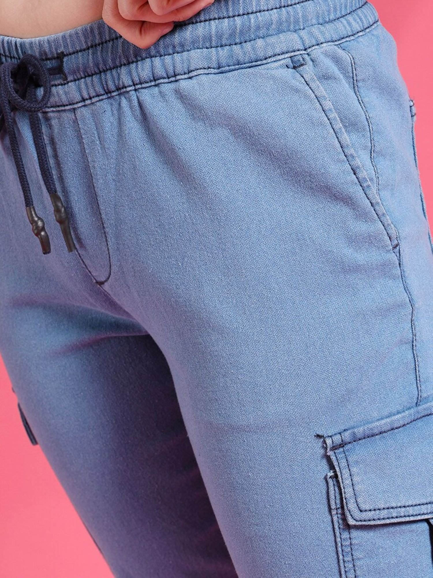 Blue Regular Fit Mid-Rise Denim Cargo Joggers