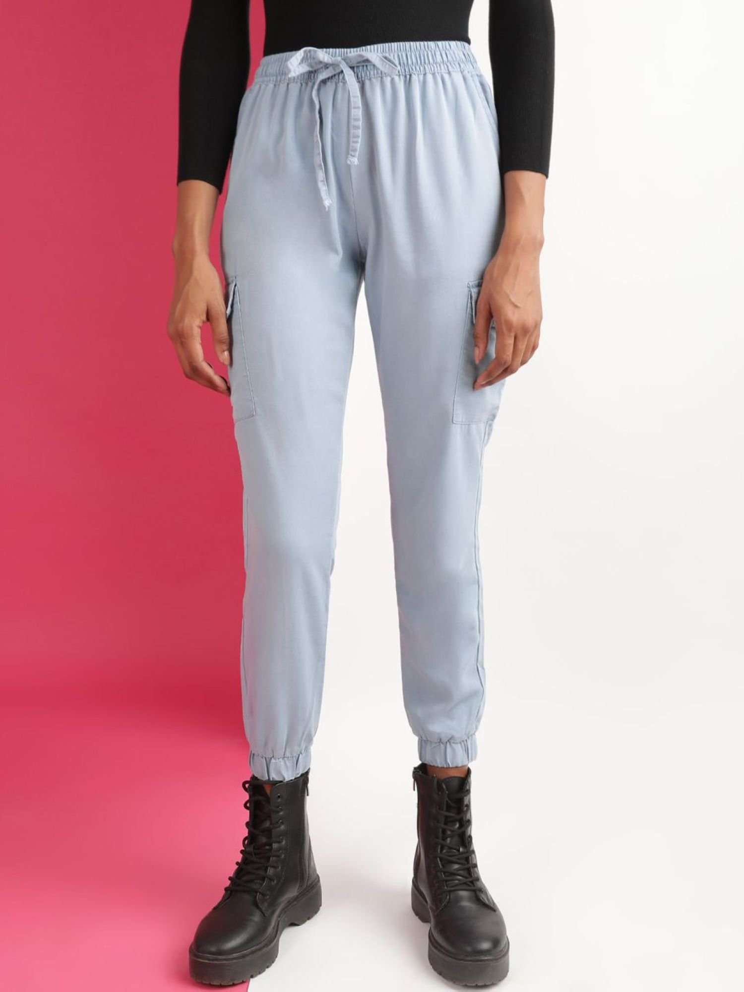 Blue Regular Fit Mid-Rise Denim Cargo Joggers