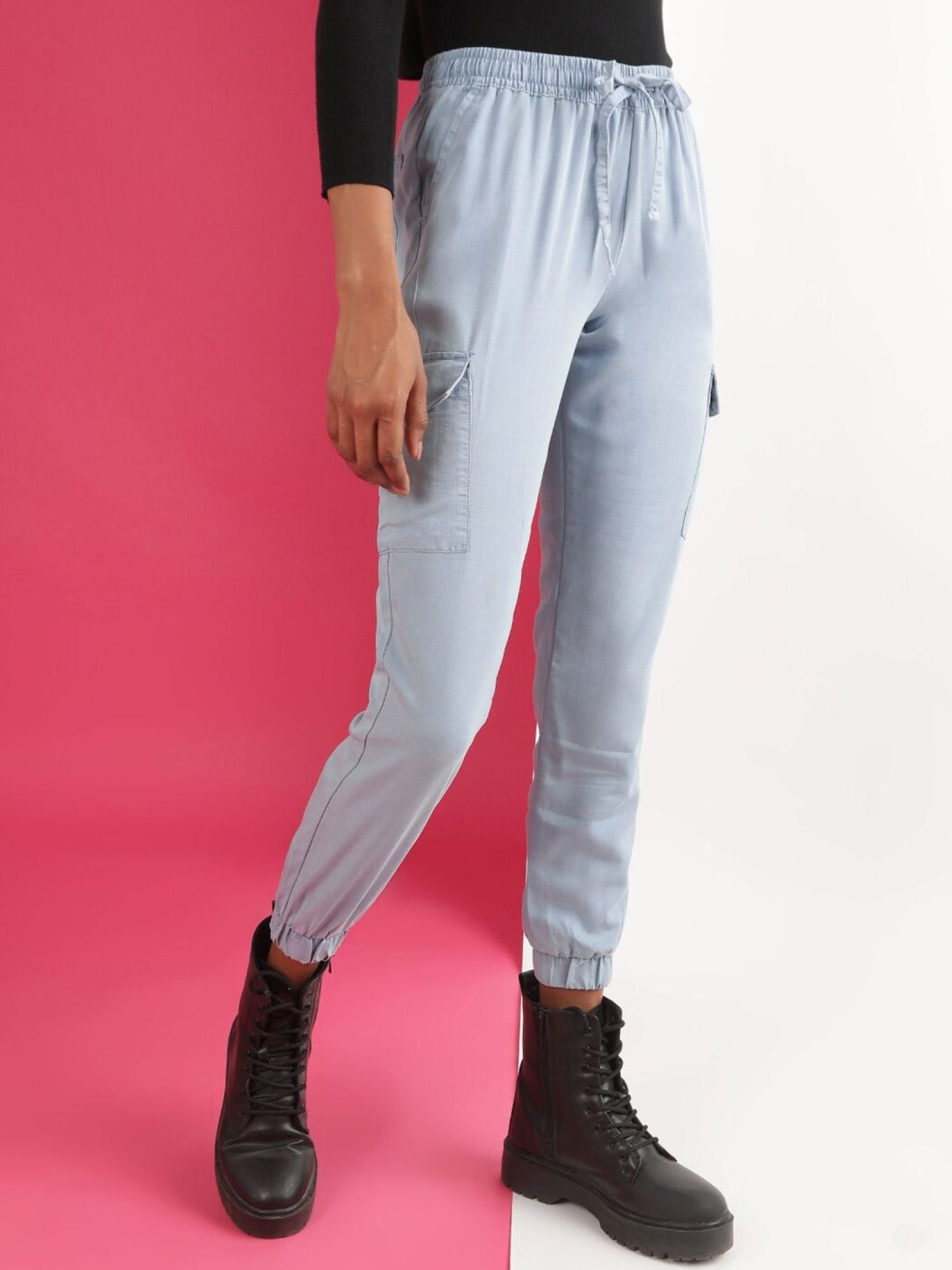Blue Regular Fit Mid-Rise Denim Cargo Joggers