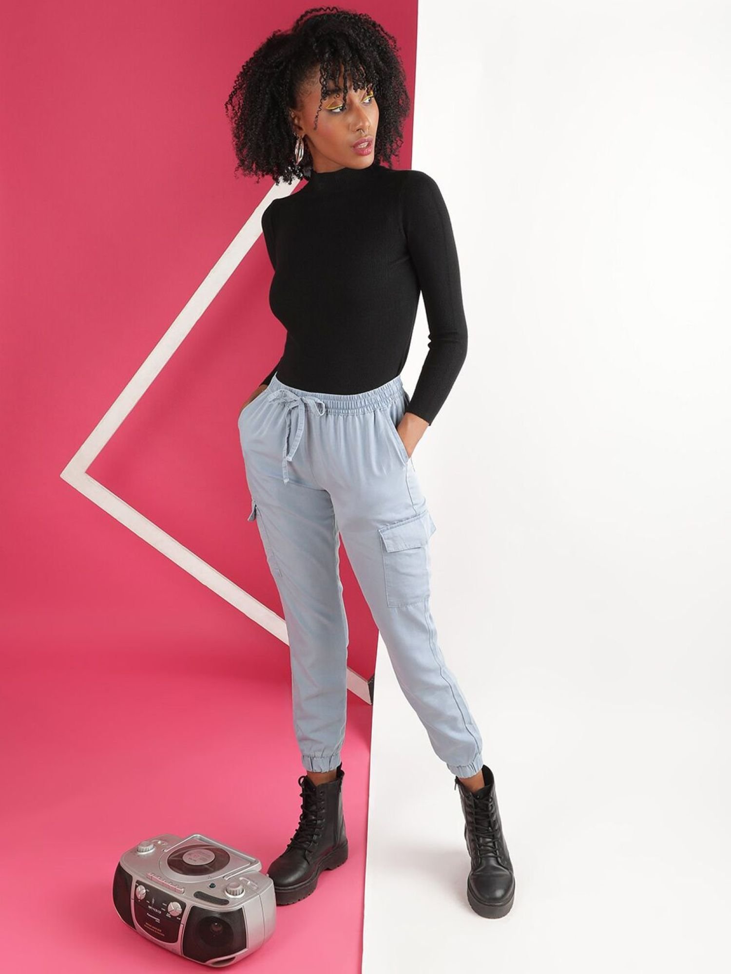 Blue Regular Fit Mid-Rise Denim Cargo Joggers