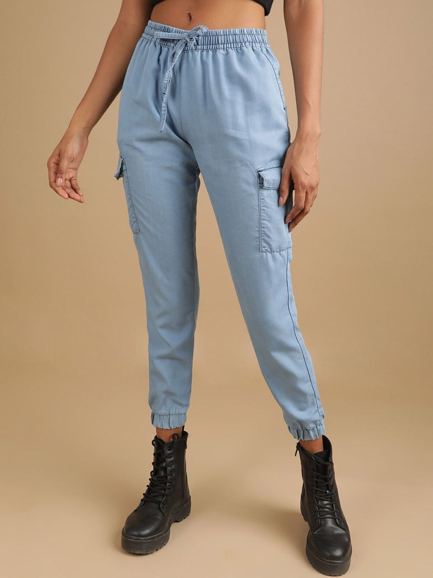 Blue Regular Fit Mid-Rise Denim Cargo Joggers