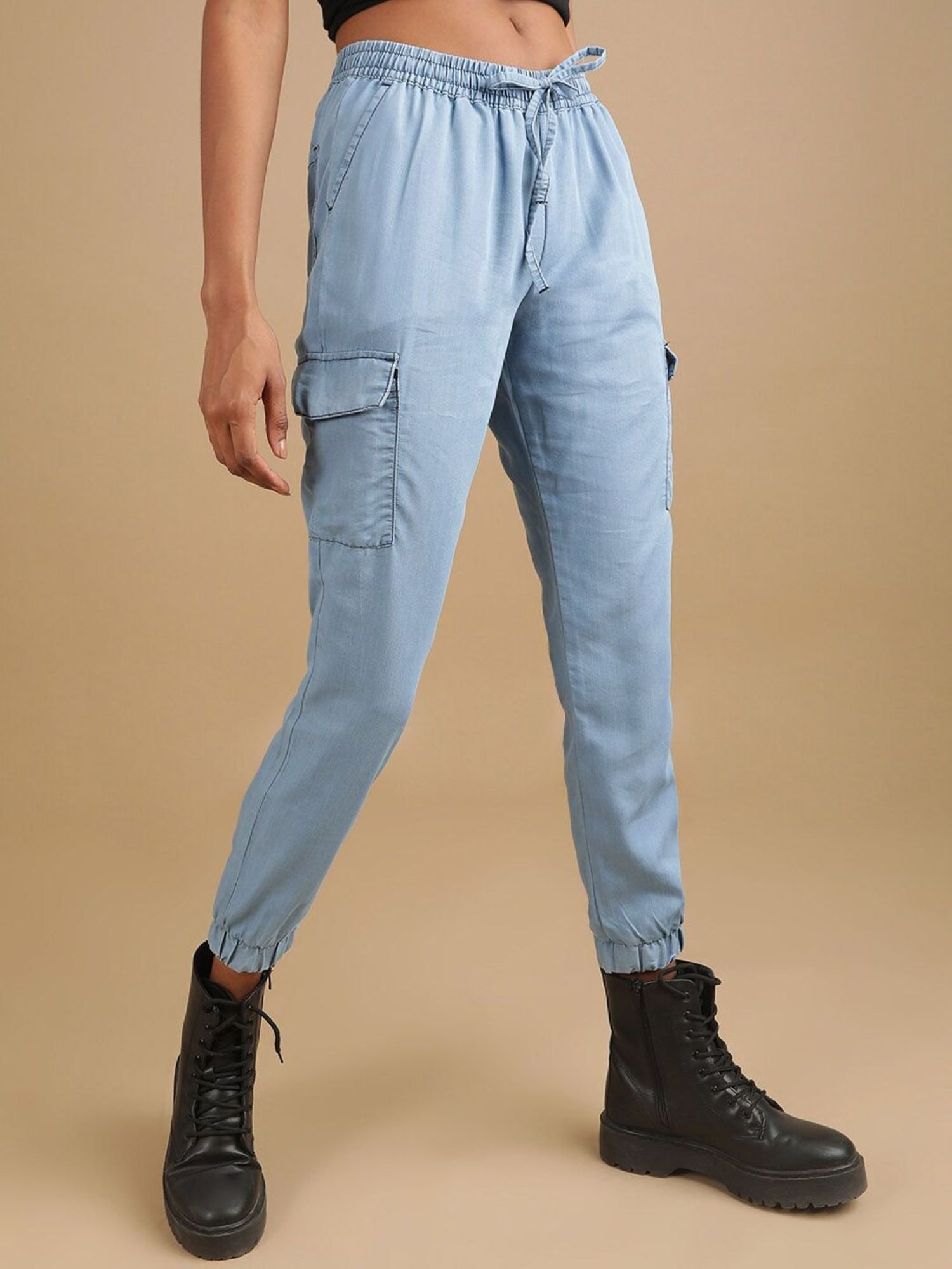 Blue Regular Fit Mid-Rise Denim Cargo Joggers