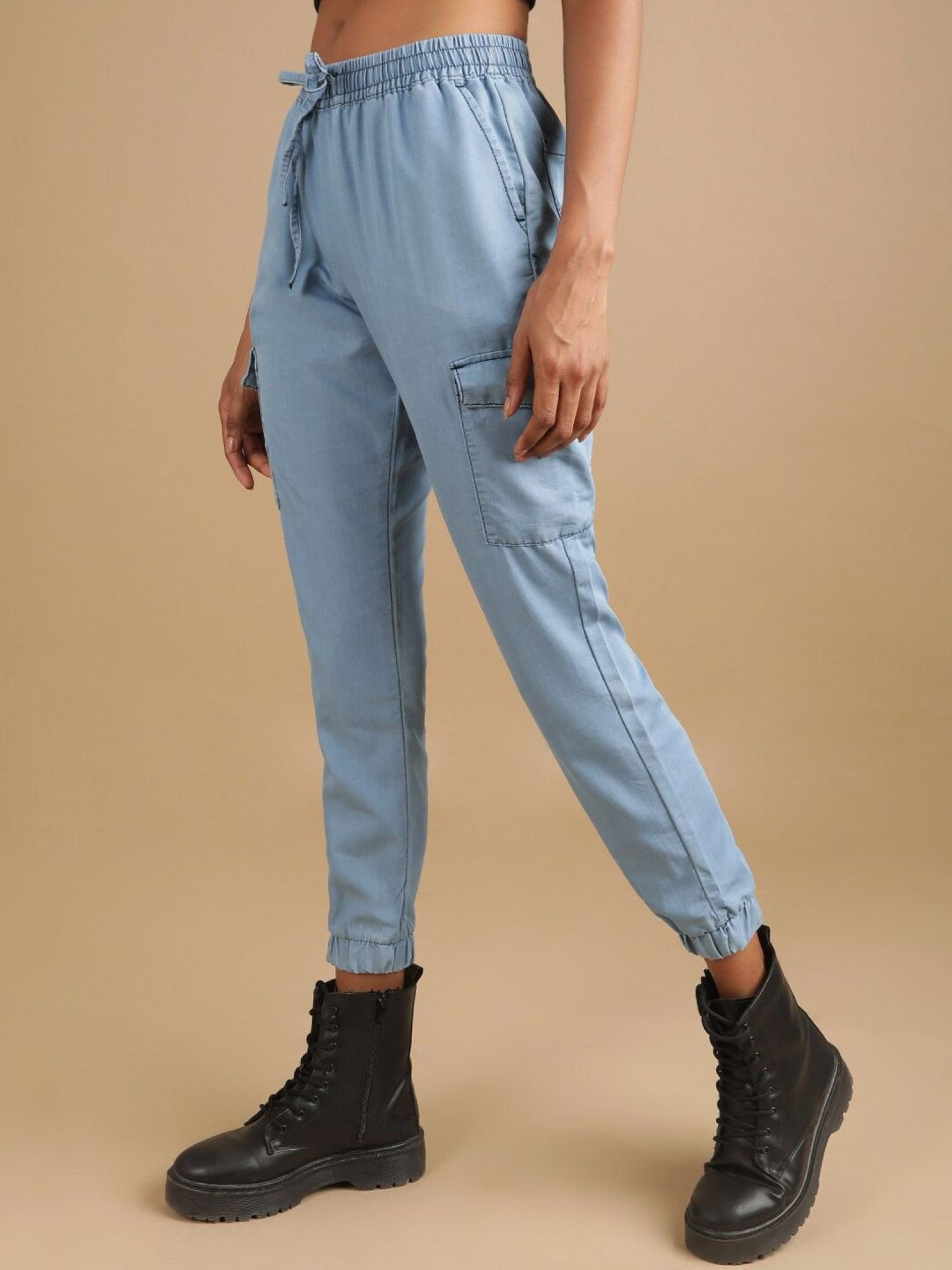 Blue Regular Fit Mid-Rise Denim Cargo Joggers