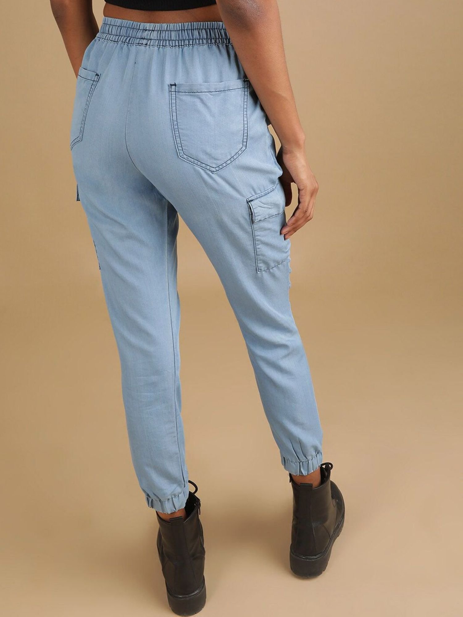 Blue Regular Fit Mid-Rise Denim Cargo Joggers