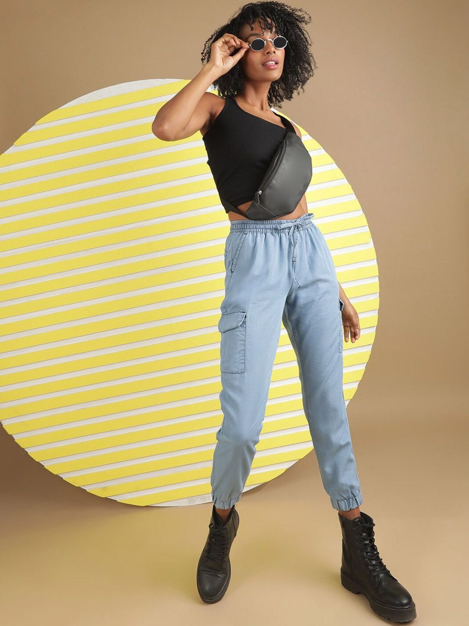 Blue Regular Fit Mid-Rise Denim Cargo Joggers