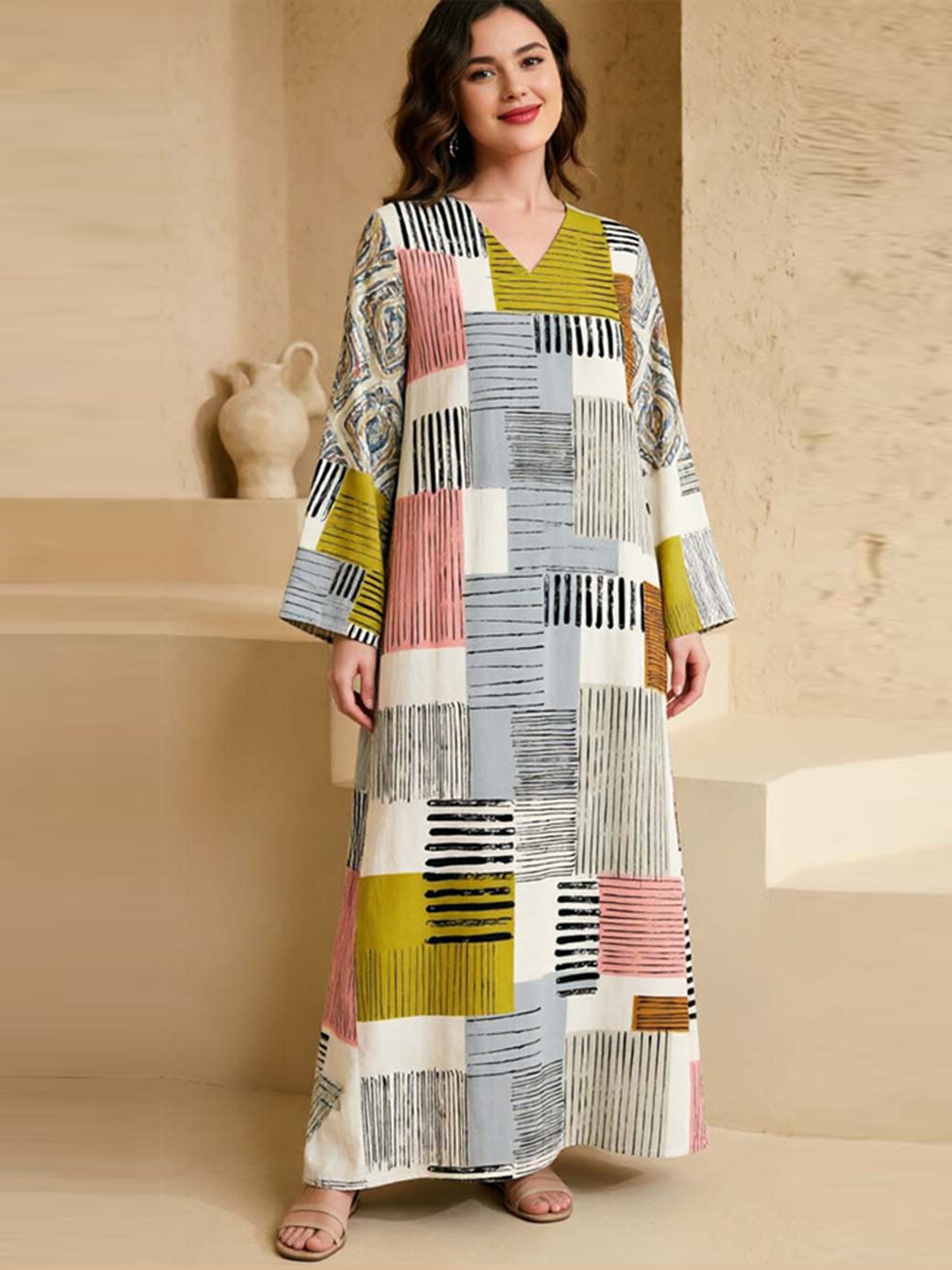 Multi-Color V Neck Striped Jalabiya