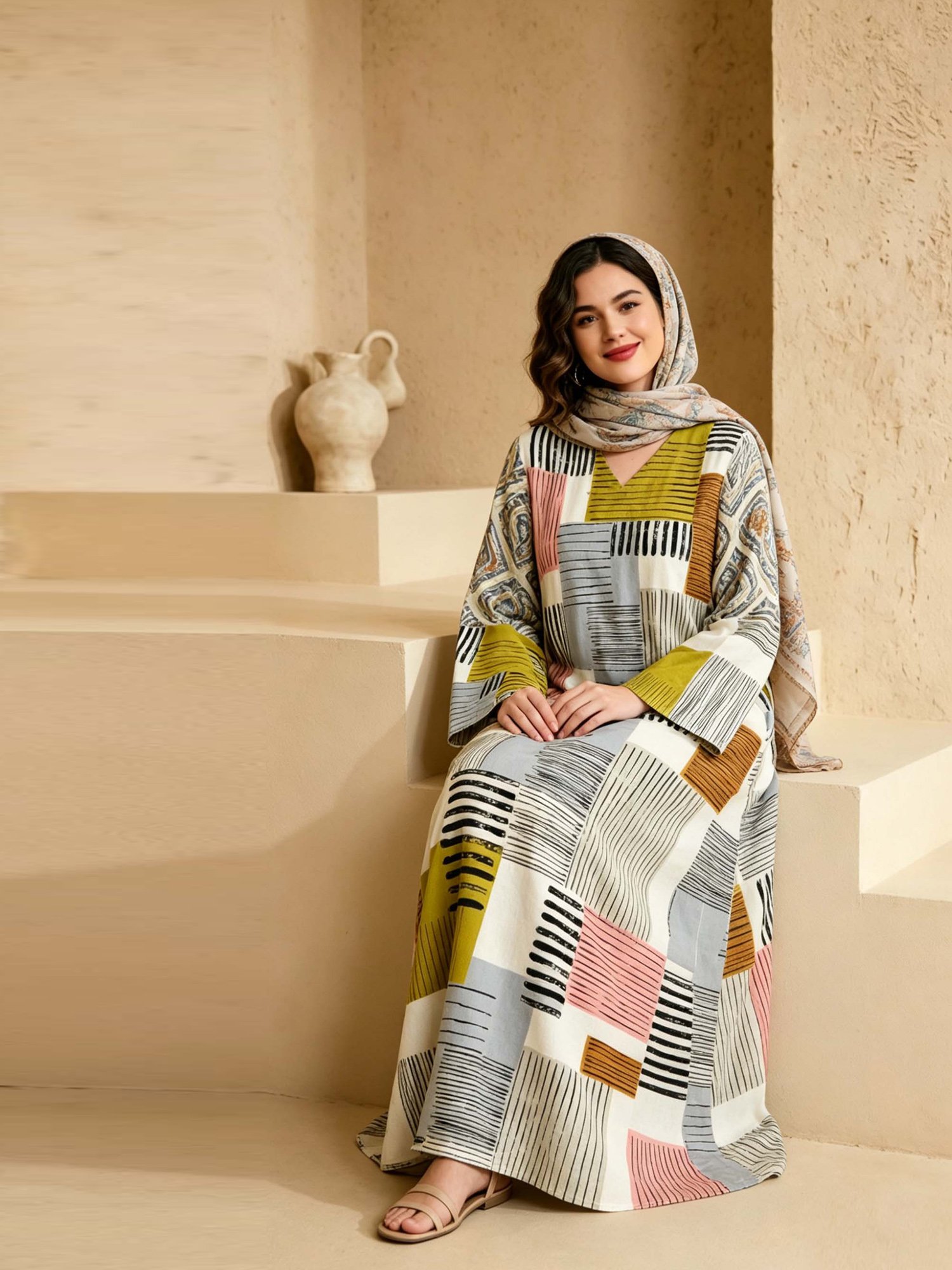 Multi-Color V Neck Striped Jalabiya