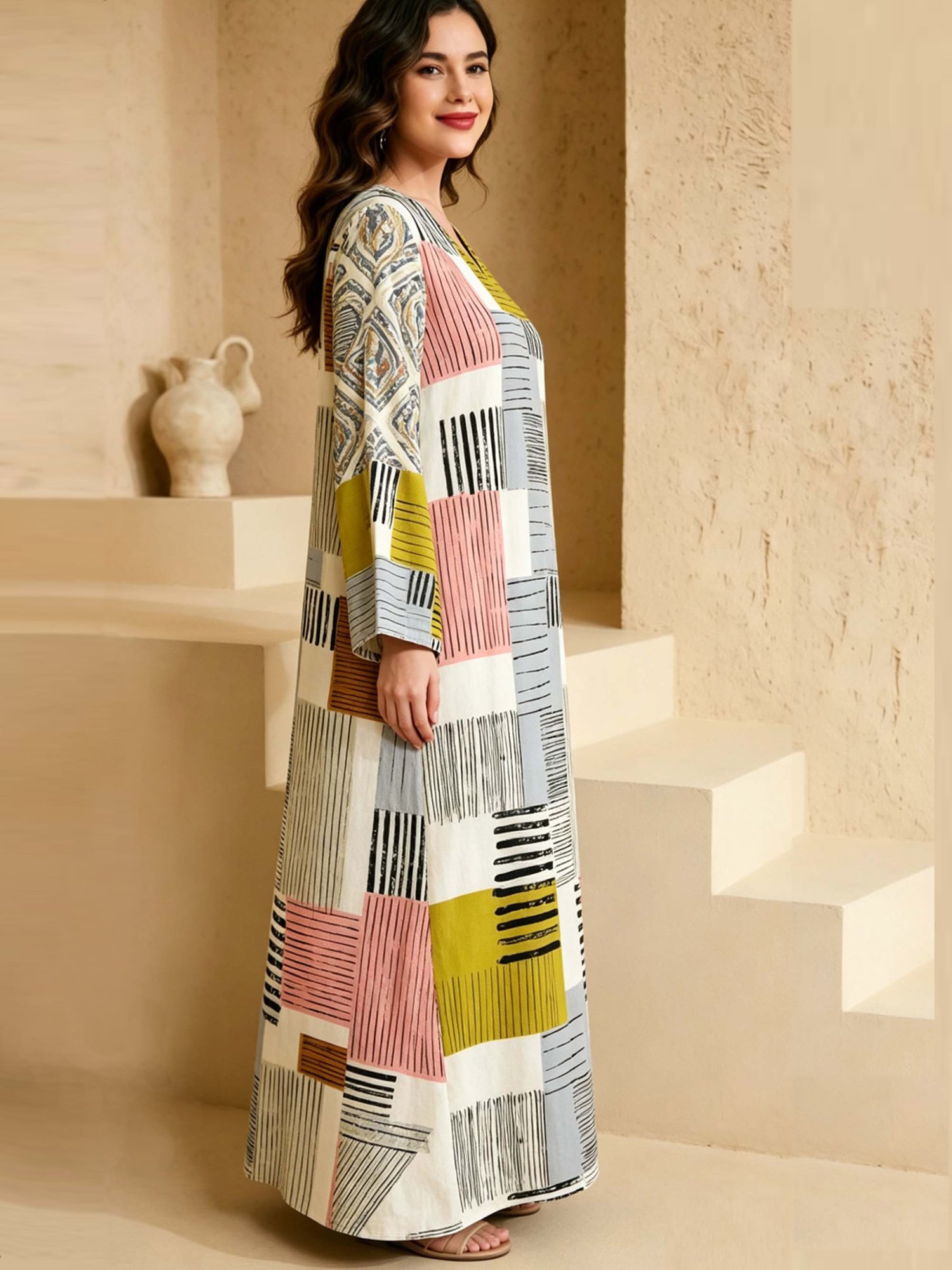 Multi-Color V Neck Striped Jalabiya