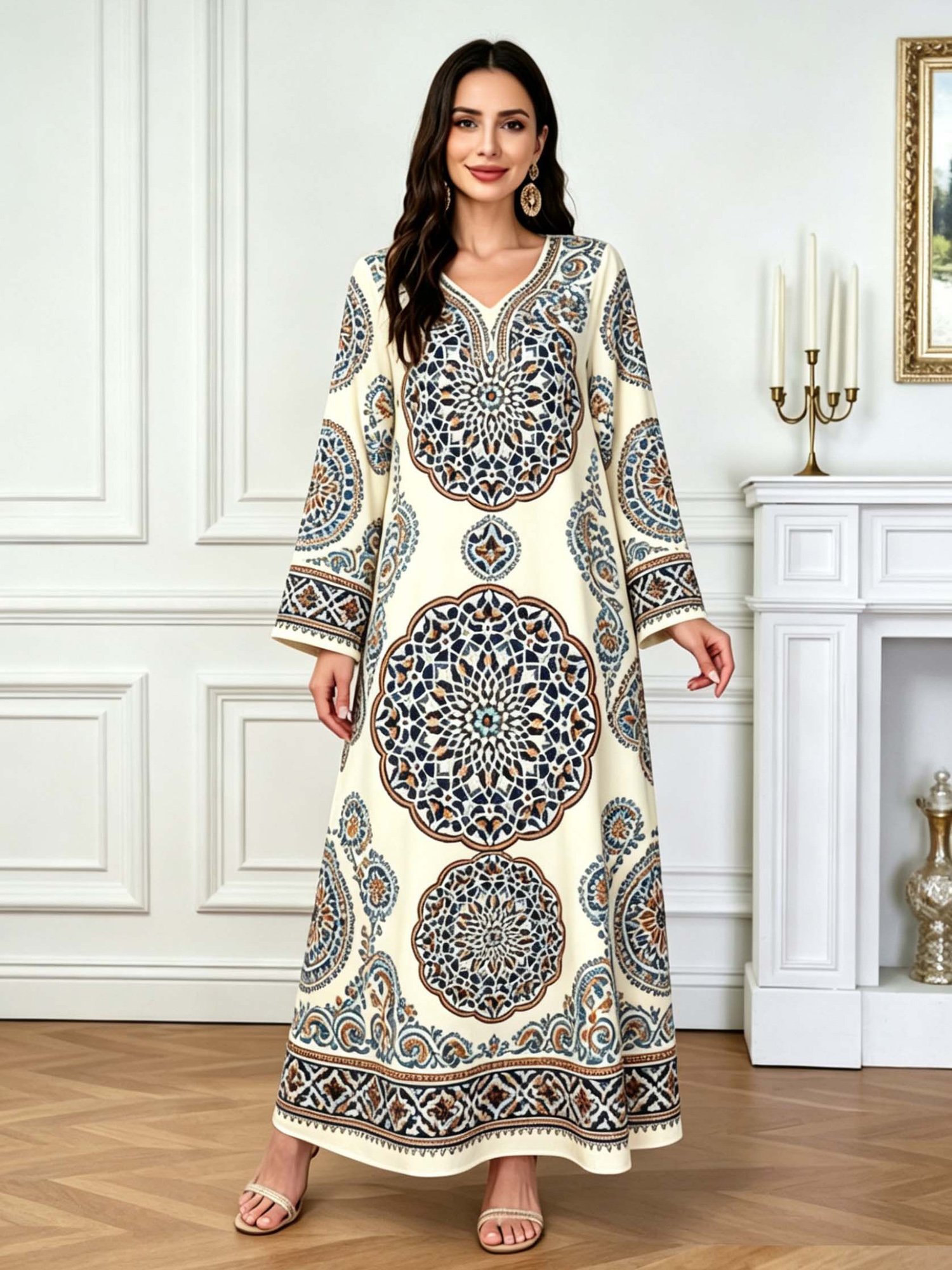 Multi-Color V Neck Graphic Print Jalabiya