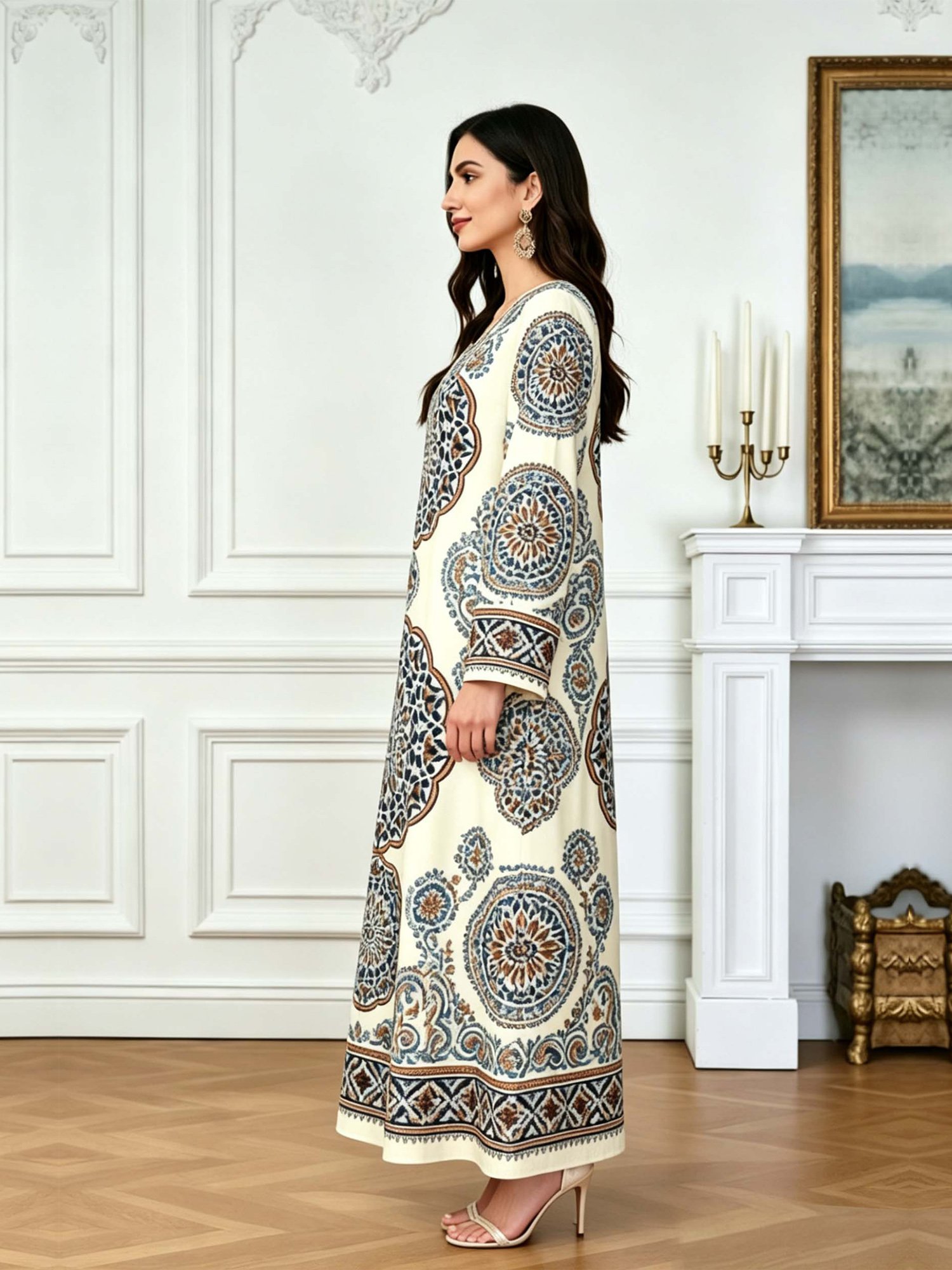 Multi-Color V Neck Graphic Print Jalabiya