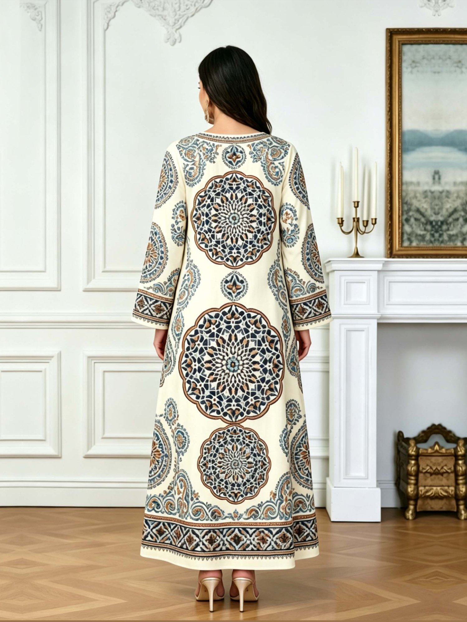 Multi-Color V Neck Graphic Print Jalabiya