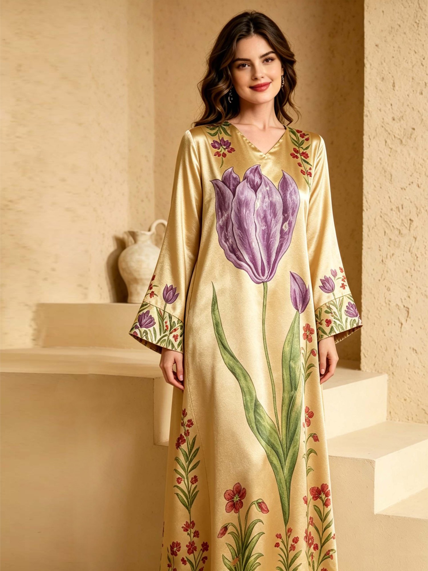 Gold V Neck Floral Print Jalabiya