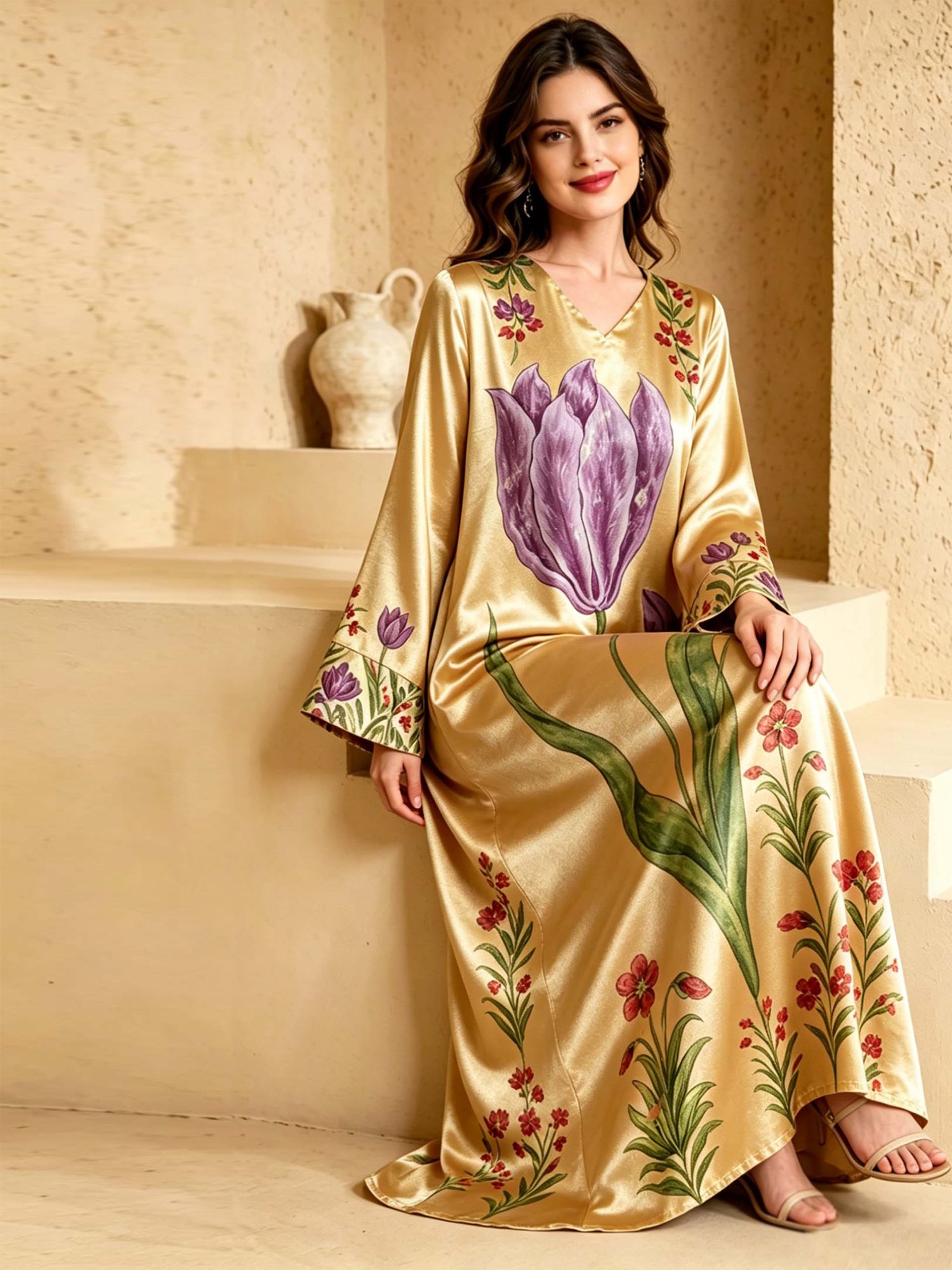 Gold V Neck Floral Print Jalabiya