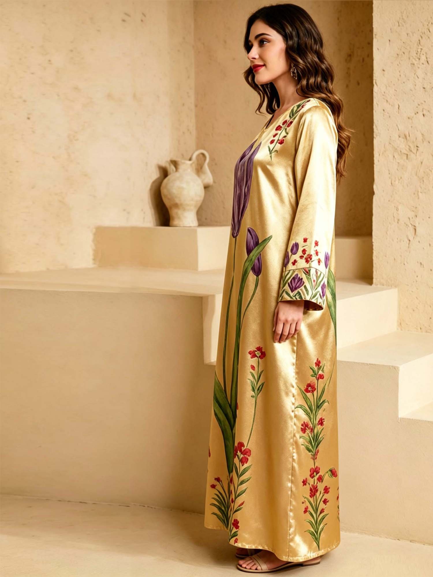 Gold V Neck Floral Print Jalabiya