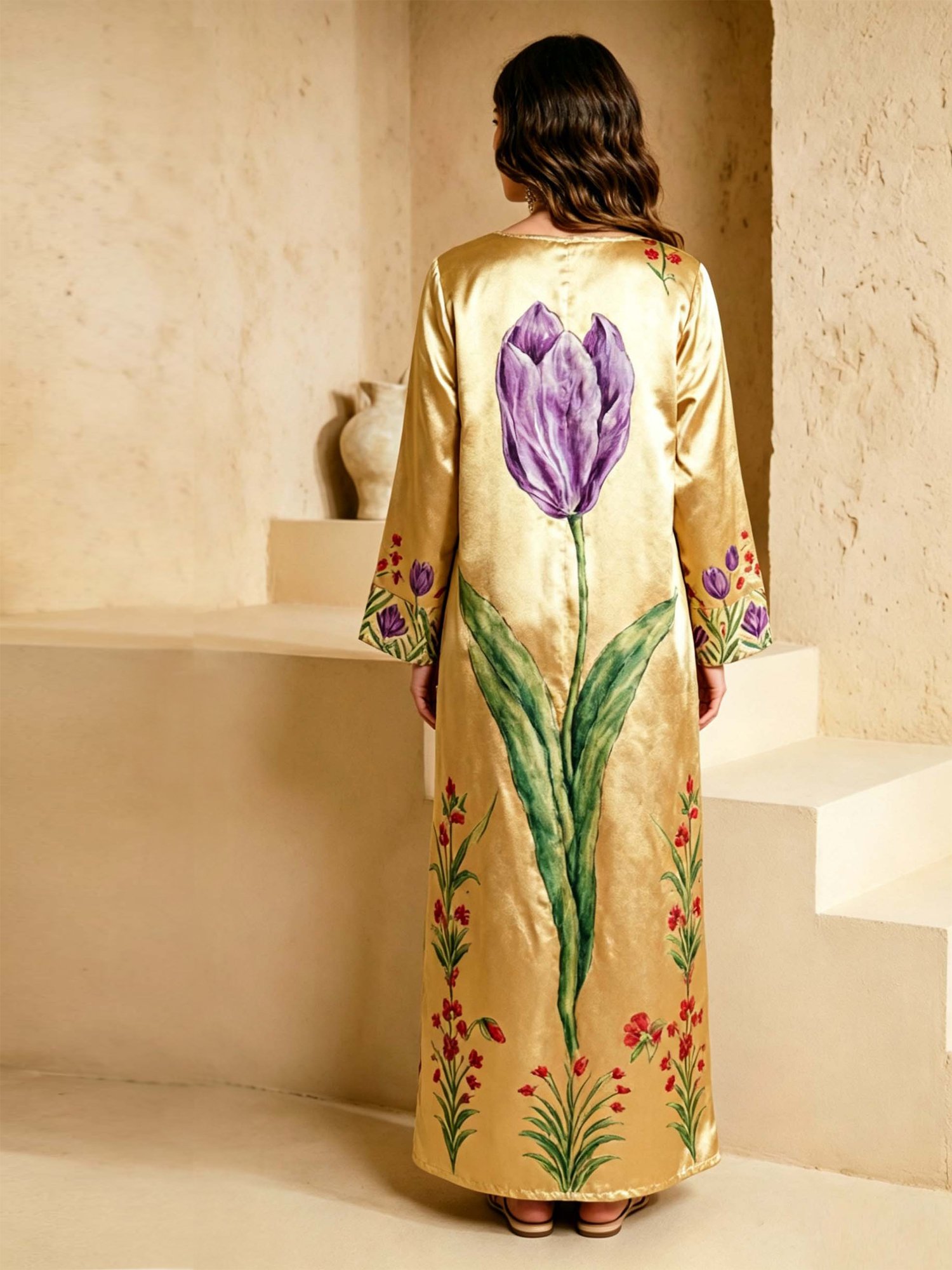 Gold V Neck Floral Print Jalabiya