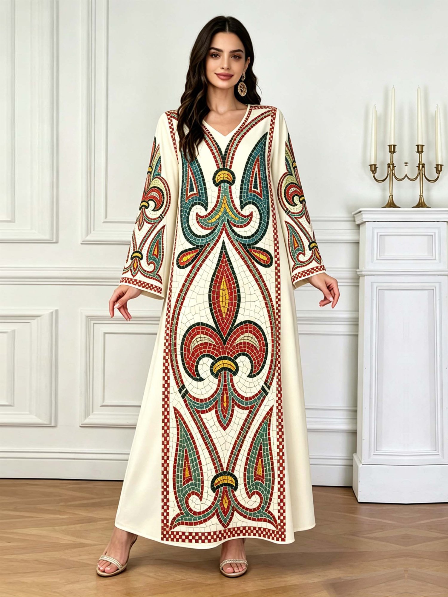 Beige V Neck Graphic Print Jalabiya