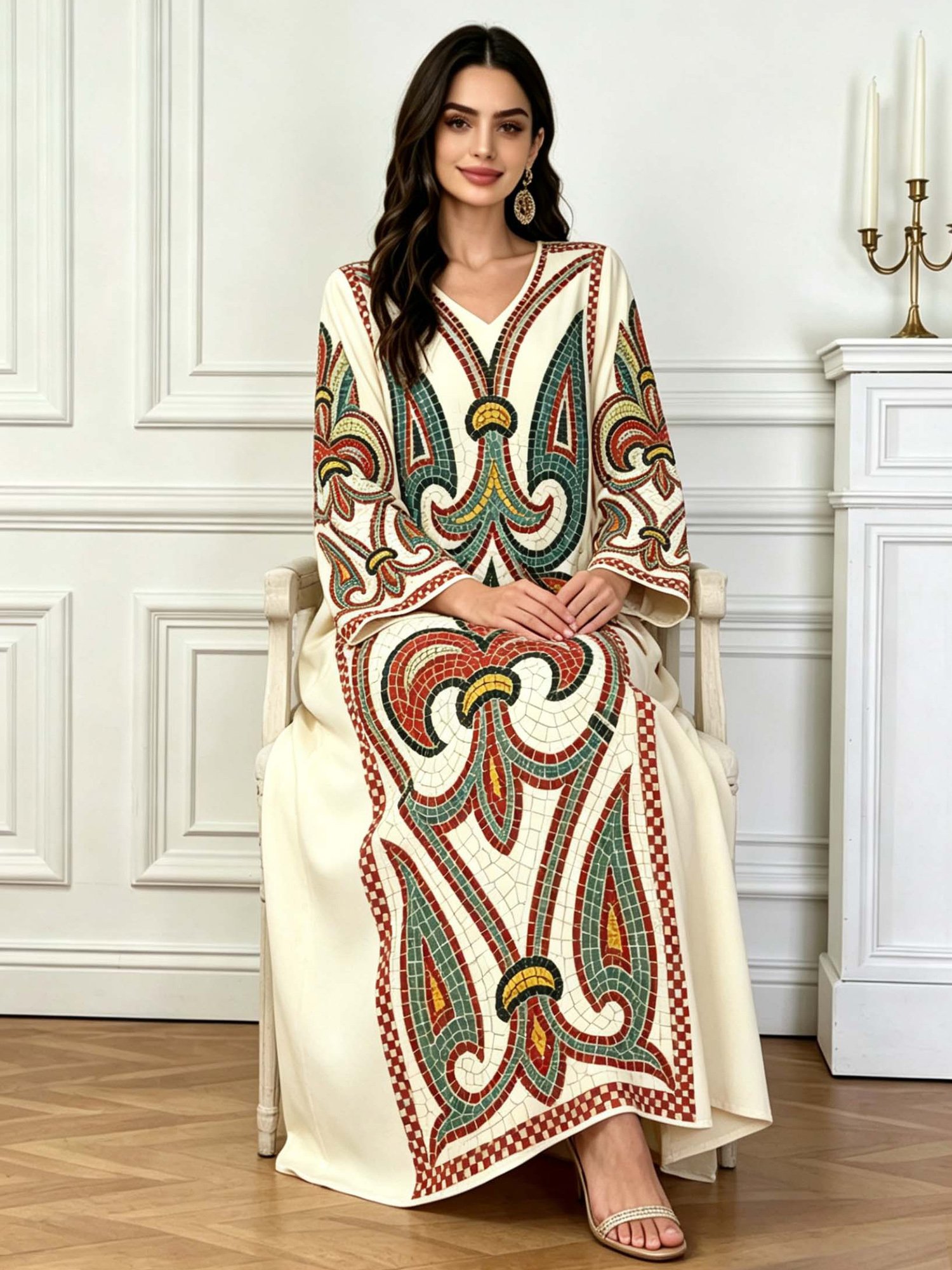 Beige V Neck Graphic Print Jalabiya