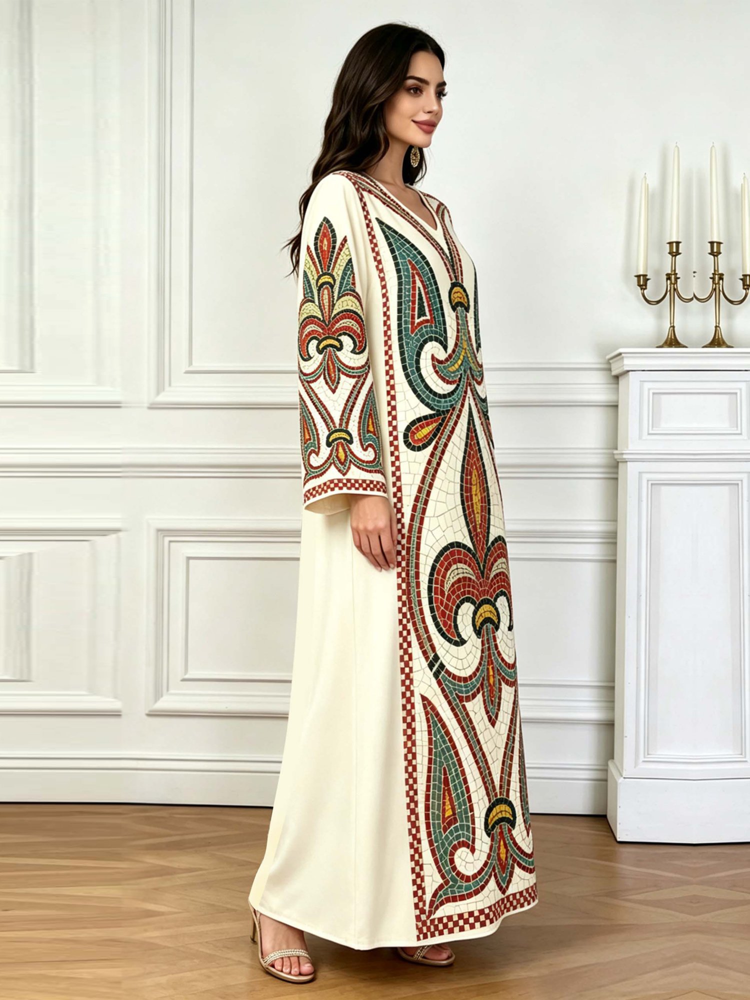 Beige V Neck Graphic Print Jalabiya
