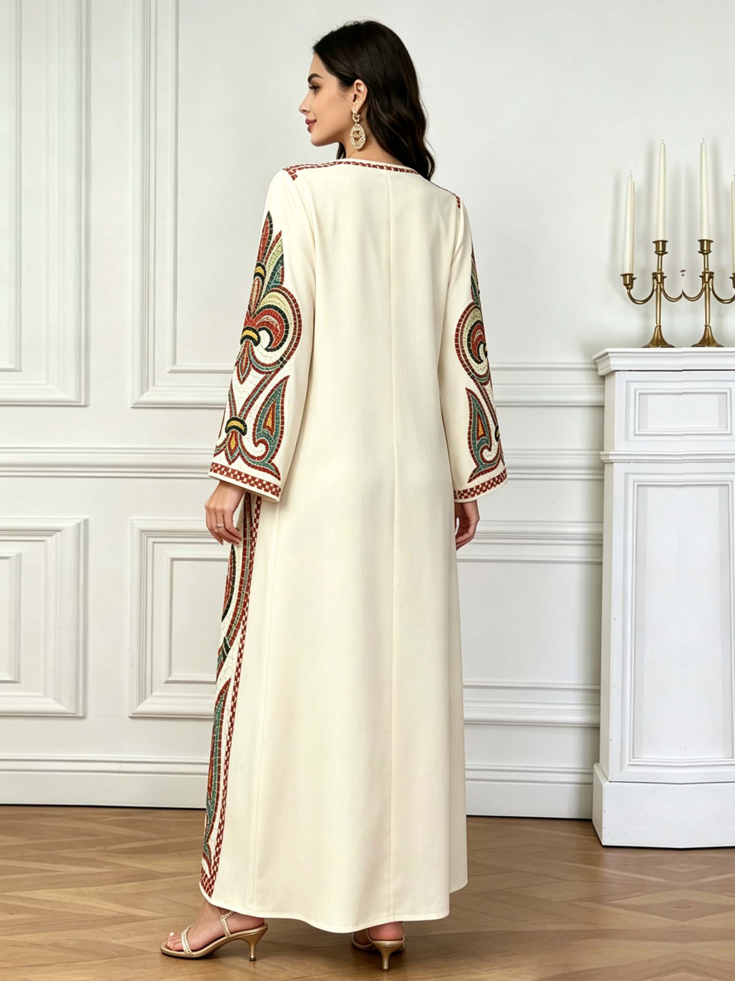 Beige V Neck Graphic Print Jalabiya