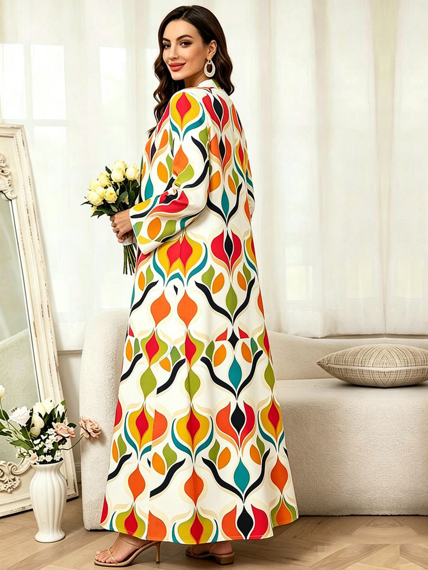Multi-Color Long Sleeves Graphic Print Abayas