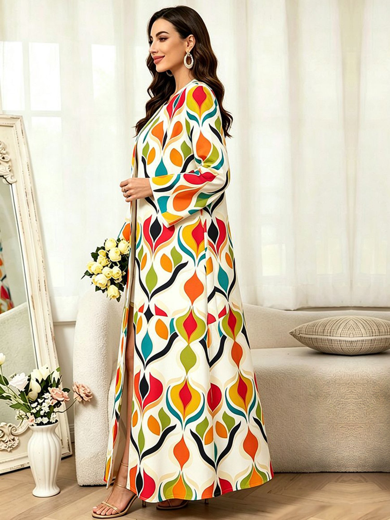 Multi-Color Long Sleeves Graphic Print Abayas