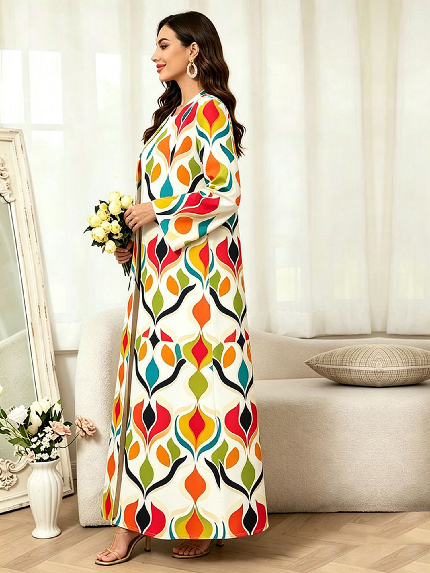 Multi-Color Long Sleeves Graphic Print Abayas