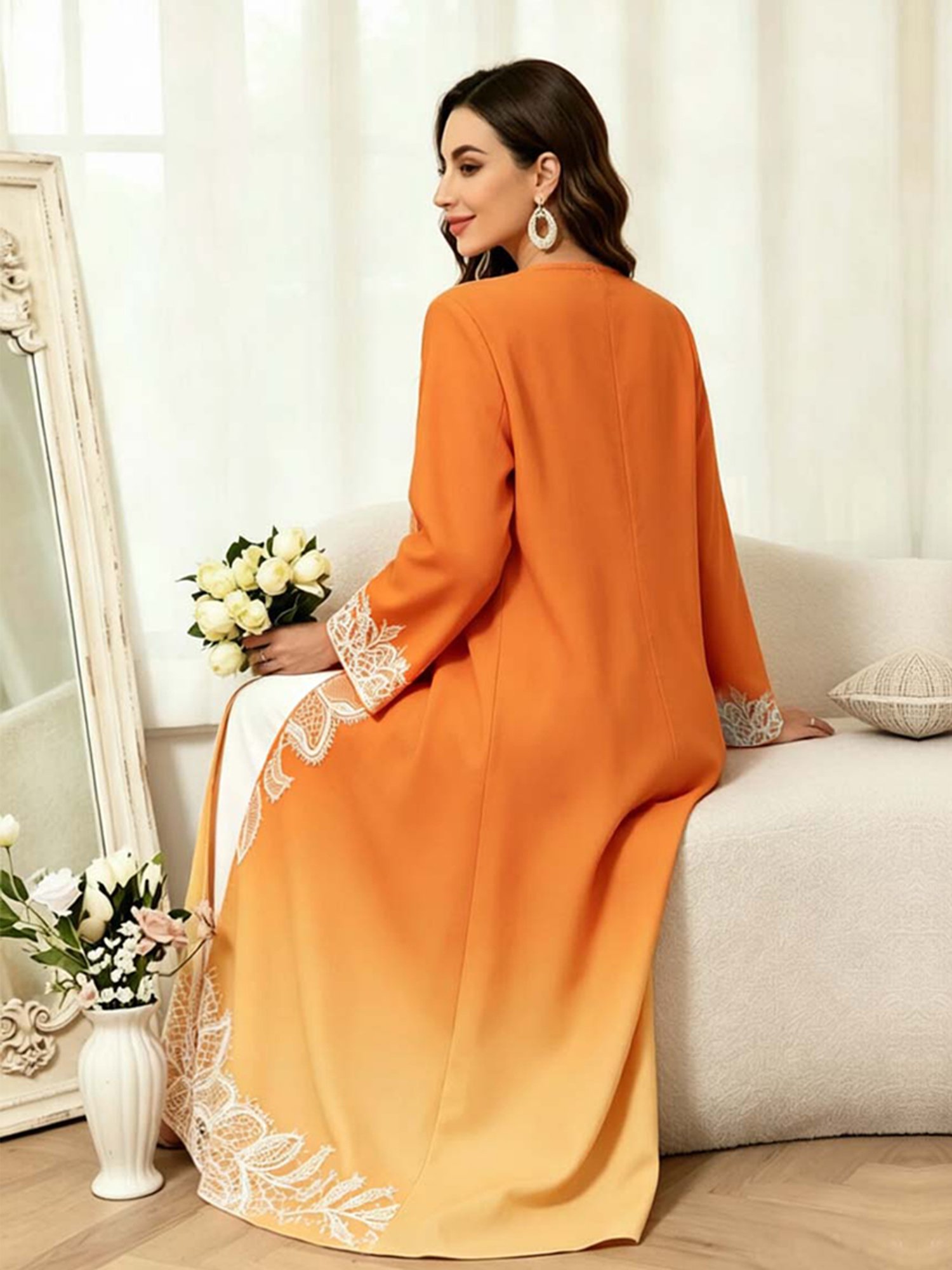 Orange Long Sleeves Floral Print Abayas