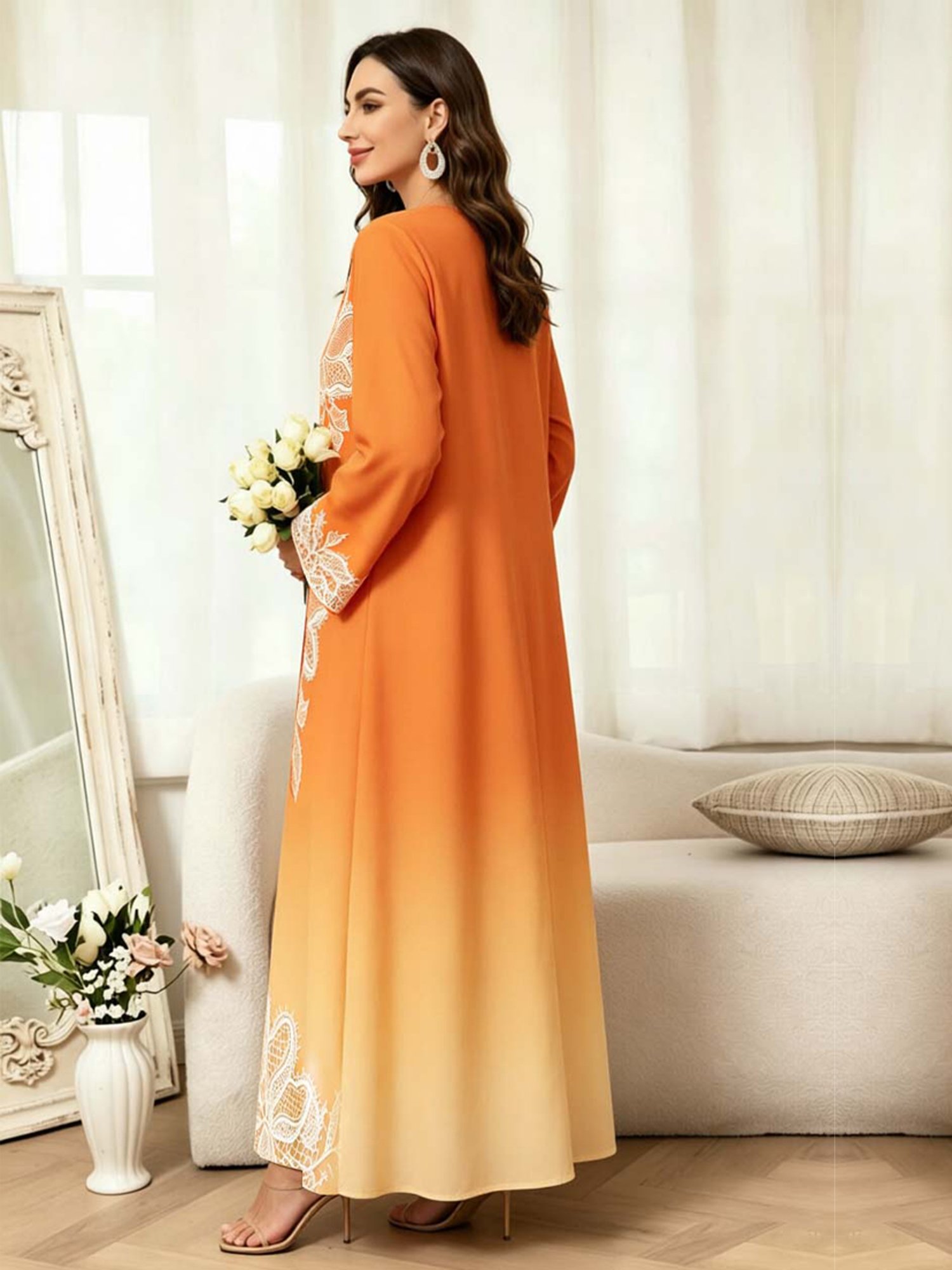 Orange Long Sleeves Floral Print Abayas