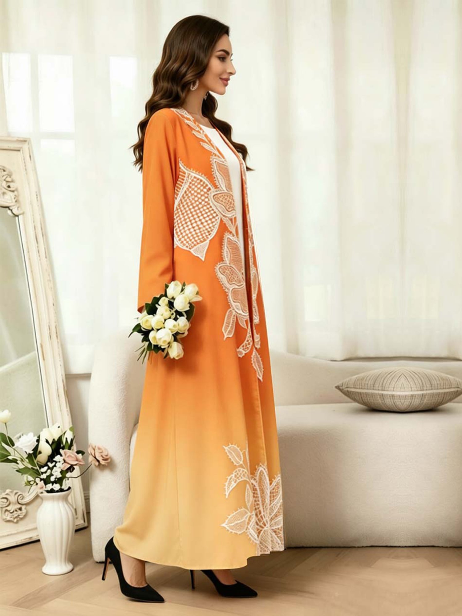 Orange Long Sleeves Floral Print Abayas