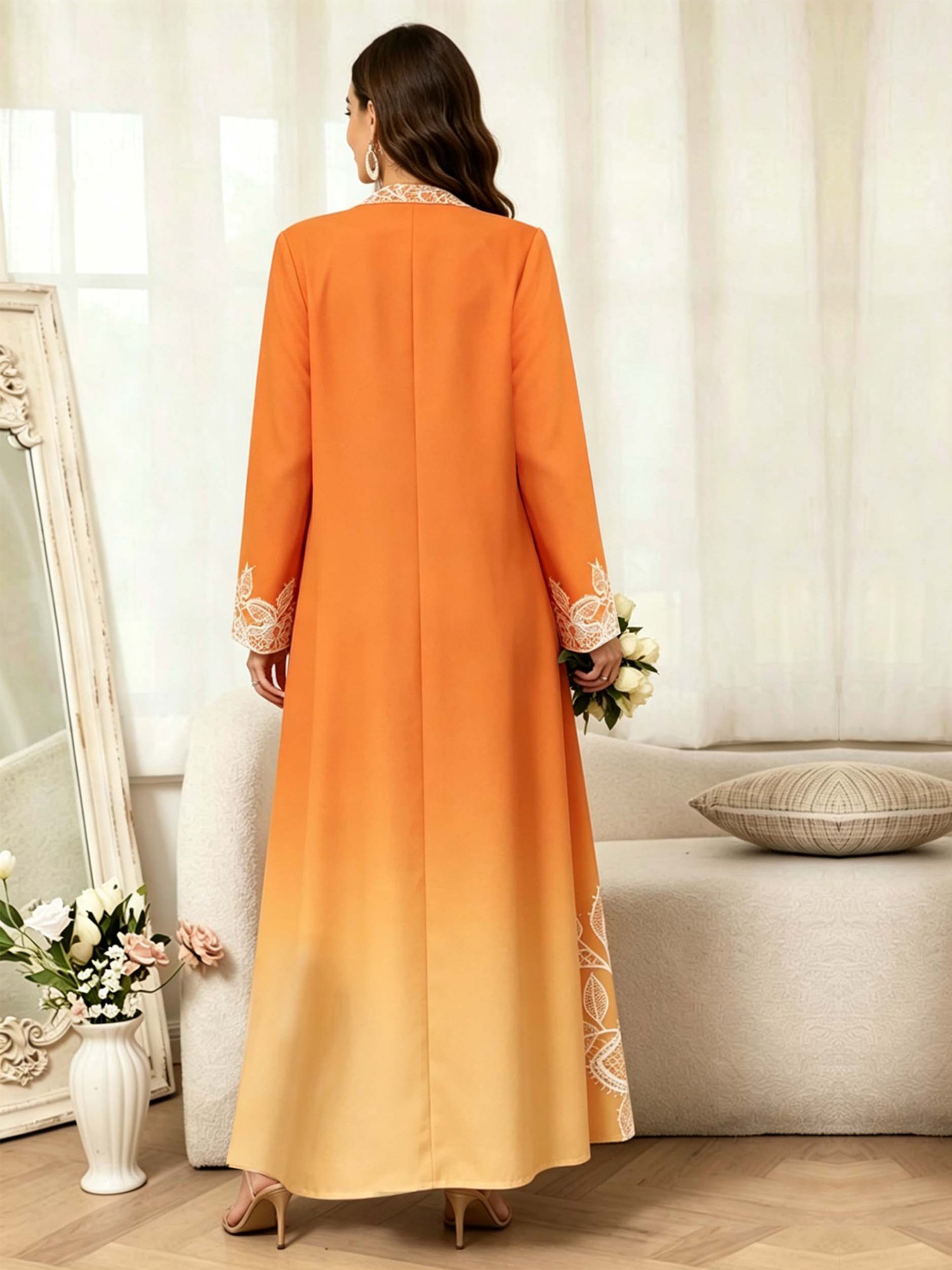 Orange Long Sleeves Floral Print Abayas