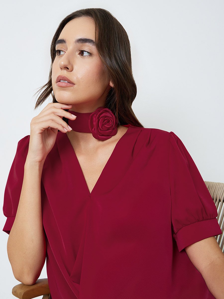 Red Short Sleeve V-Neck Blouse