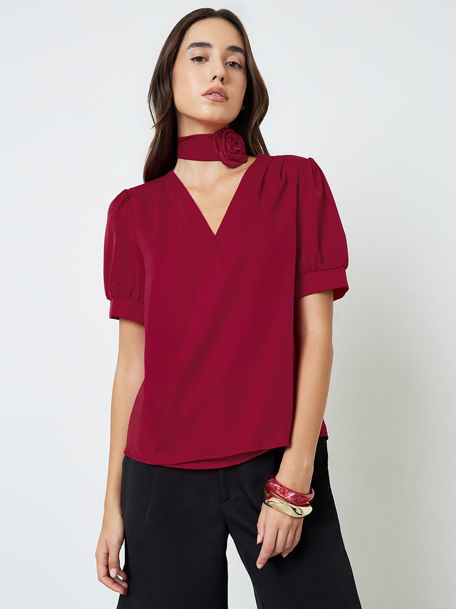 Red Short Sleeve V-Neck Blouse