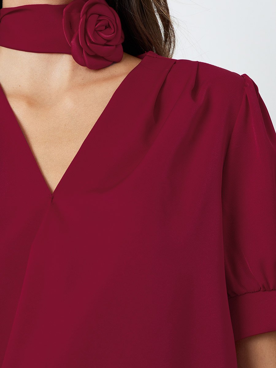Red Short Sleeve V-Neck Blouse