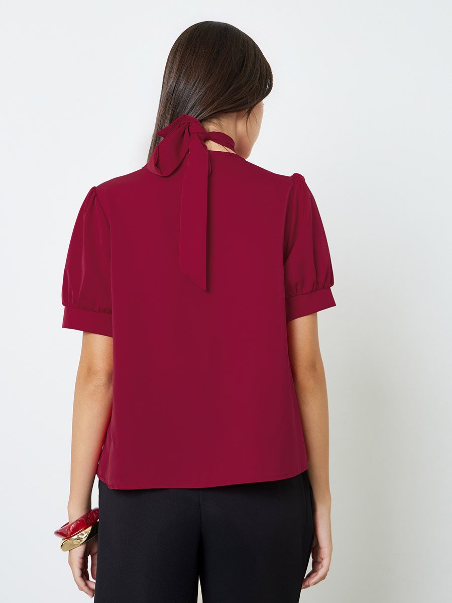 Red Short Sleeve V-Neck Blouse