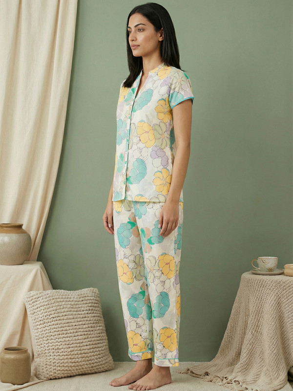 Multi Floral Cotton Shirt and Pyjama Set