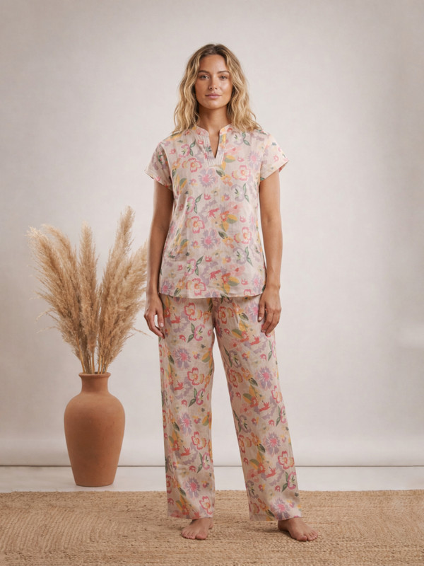 Beige Floral Cotton Notch Neck Top and Pyjama Set