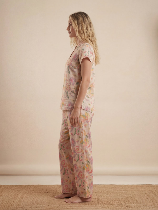 Beige Floral Cotton Notch Neck Top and Pyjama Set