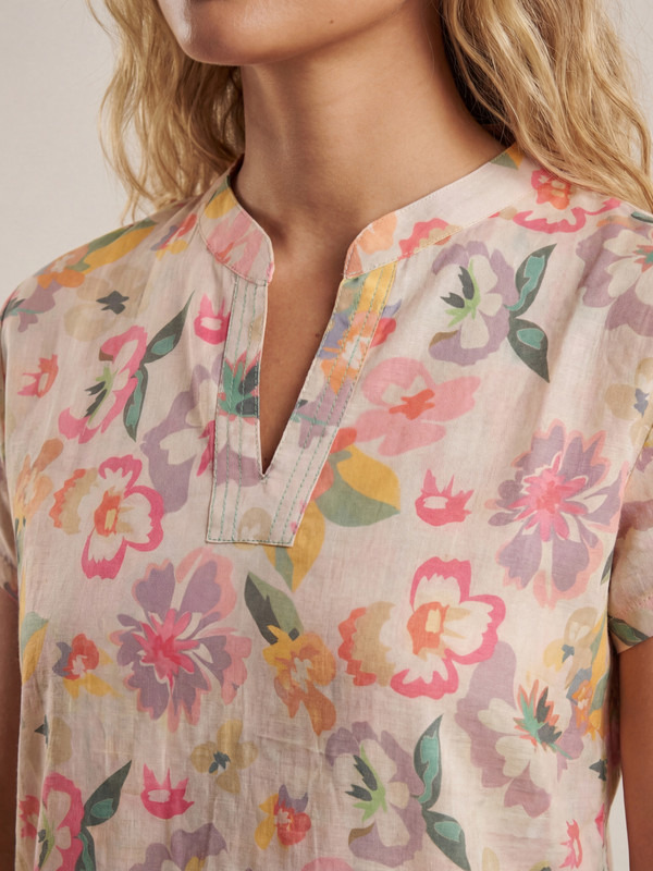 Beige Floral Cotton Notch Neck Top and Pyjama Set