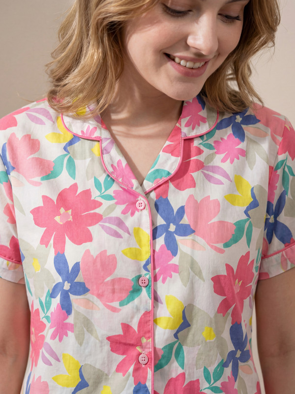 Floral Print Cotton Shirt and Pyjama Set