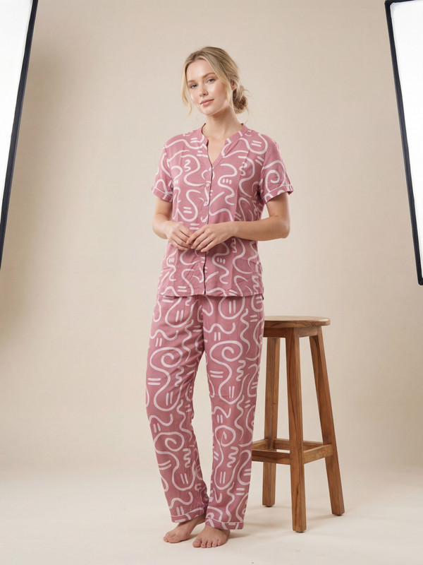 Pink Abstract Print Cotton Shirt and Pyjama Set