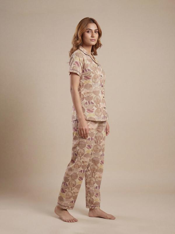 Beige Cotton Geo Print Shirt and Pyjama Set