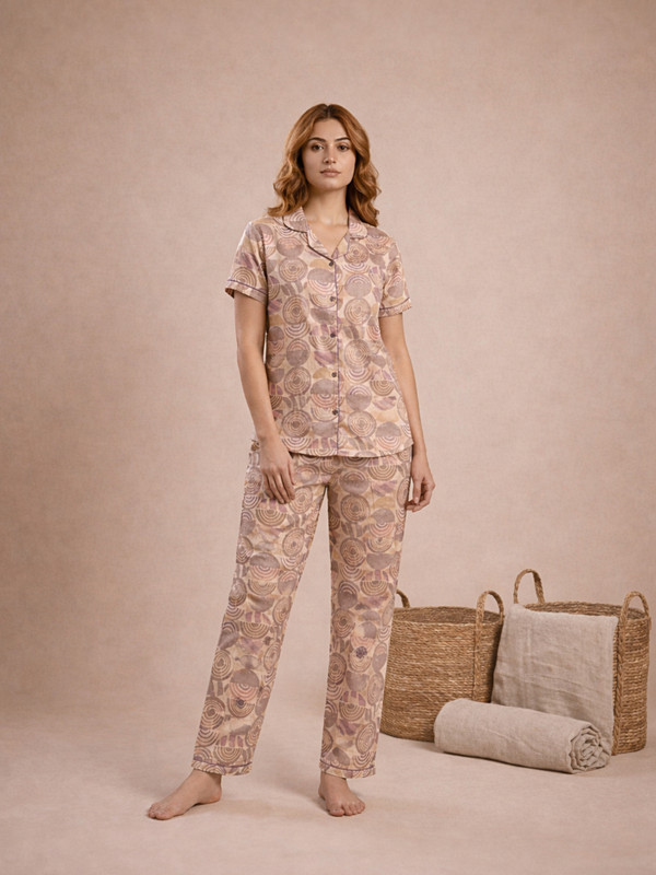 Beige Cotton Geo Print Shirt and Pyjama Set