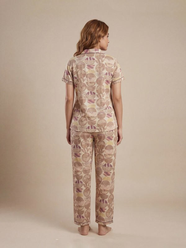 Beige Cotton Geo Print Shirt and Pyjama Set