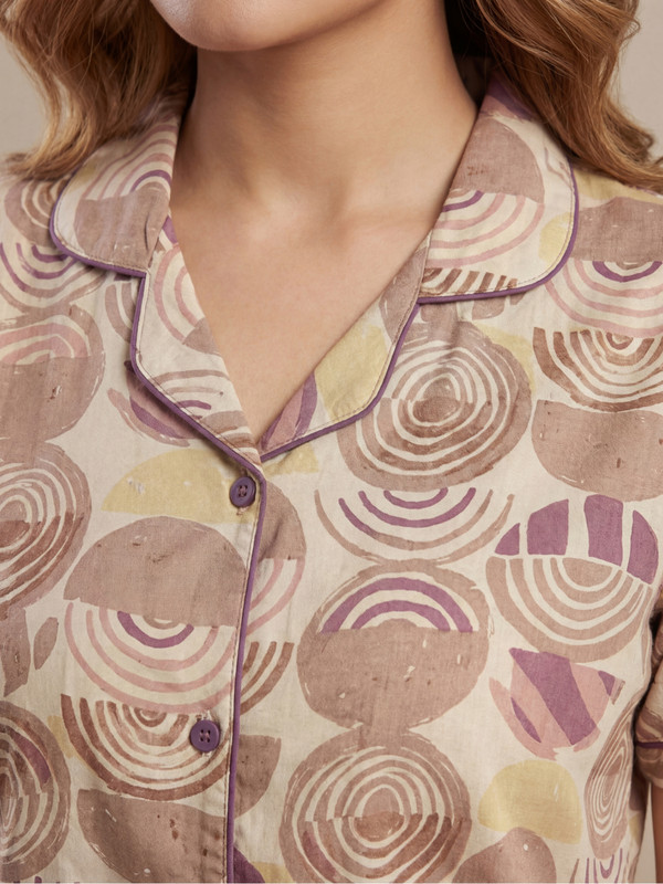Beige Cotton Geo Print Shirt and Pyjama Set