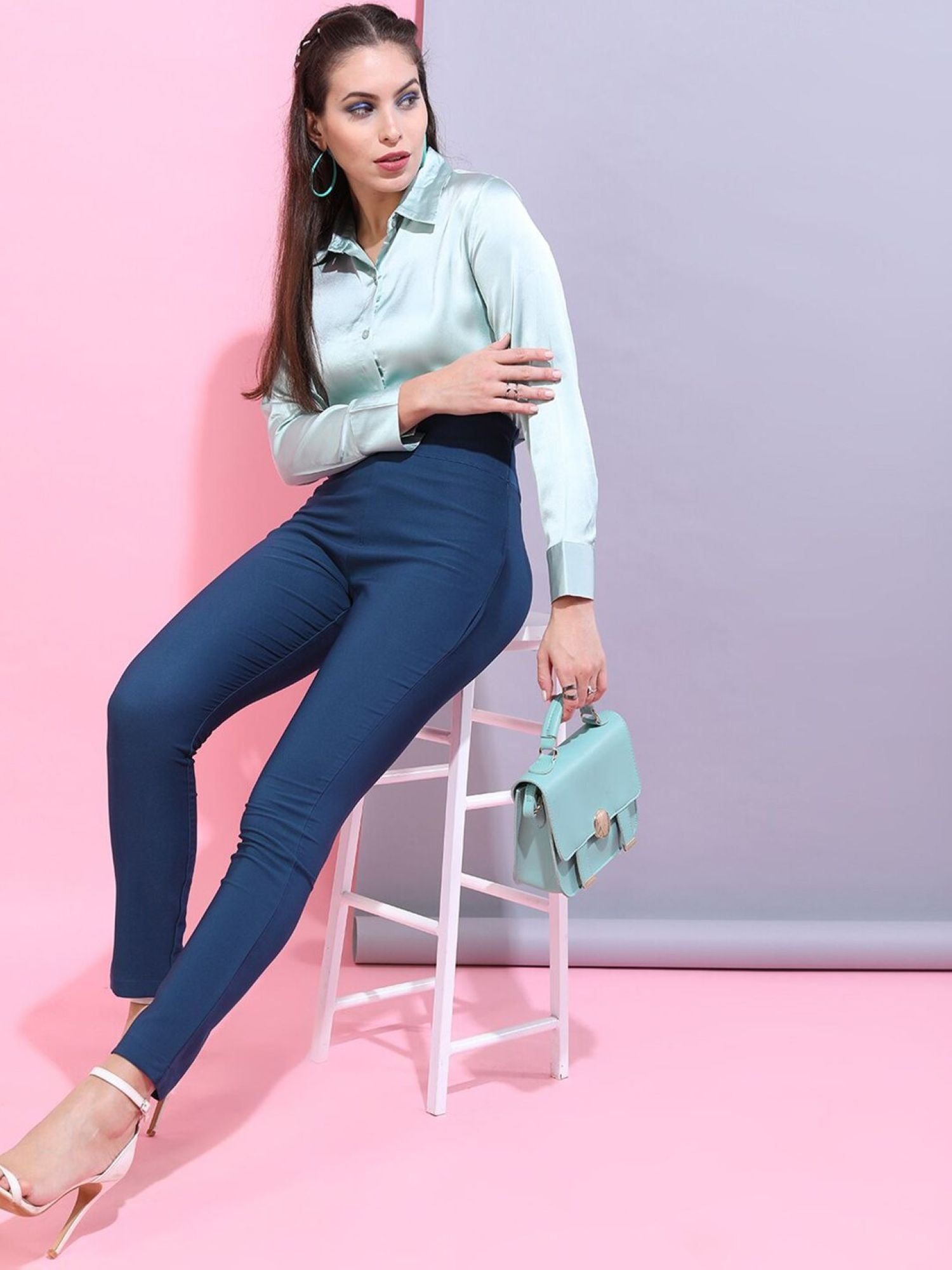 Teal Skinny Fit Solid High-Rise Jeggings