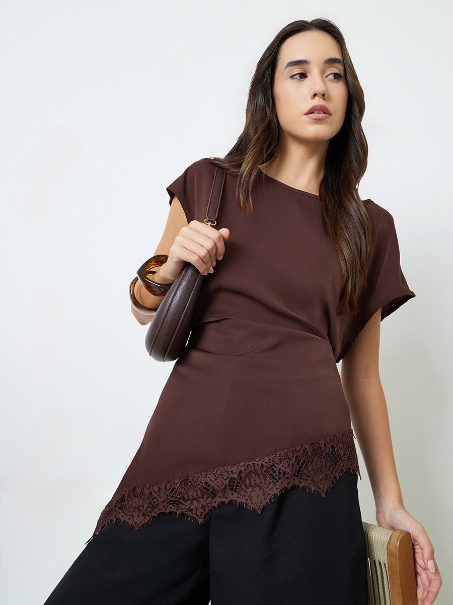Brown Asymmetric Blouse with Lace Trim