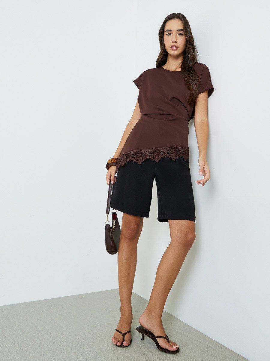 Brown Asymmetric Blouse with Lace Trim