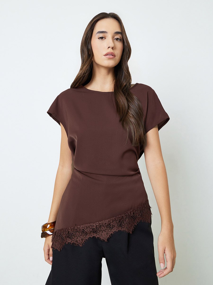 Brown Asymmetric Blouse with Lace Trim